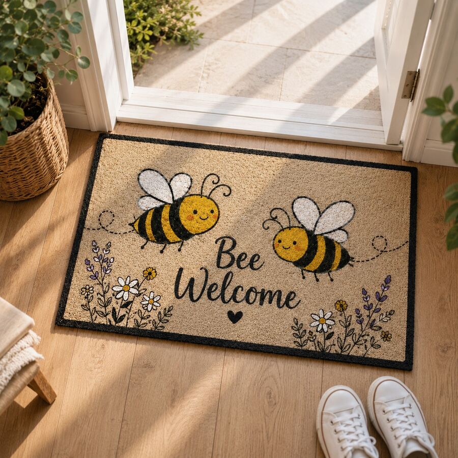 1pc Smiling Bee Pattern Welcome Doormat, Cute Cartoon Style Indoor/Outdoor Non-Slip Carpet, Machine Washable Stain-Resistant Absorbent Door Mat, Suitable For Kitchen, Dining Room, Hallway, Bathroom, Bedroom, Outdoor, Home Decor, Room Decor, Birthday Graduation Gift - Brown - View 1