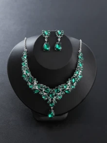 Bộ 3 món dây chuyền và bông tai giả pha lê lấp lánh, thích hợp để đeo cùng váy hoặc trong các dịp trang trọng như đám cưới, dạ hội. - trắng - Xem 13