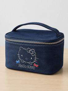 MINISO Sanrio Hello Kitty 牛仔布化妝包，便攜式拉鍊化妝收納袋，附頂部提把，緊湊旅行盥洗用品收納袋，適用化妝品、護膚品及日常必需品 - 彩色 - 查看 1