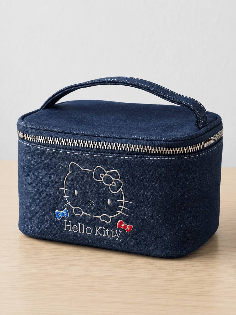 MINISO Sanrio Hello Kitty 牛仔布化妝包，便攜式拉鍊化妝收納袋，附頂部提把，緊湊旅行盥洗用品收納袋，適用化妝品、護膚品及日常必需品 - 彩色 - 查看 1