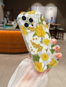 1pc Fashion Creative Full Screen Yellow Floral Leaf Bud Painted Pattern, Wavy Cream TPU Phone Case, Suitable As Holiday Gift Compatible With Apple XS/XS Max/XR/11/12/13/14/15/15 Pro/16 Pro/16 Pro Max/16 Plus/17 Series And Other Models - Multicolor - View 5