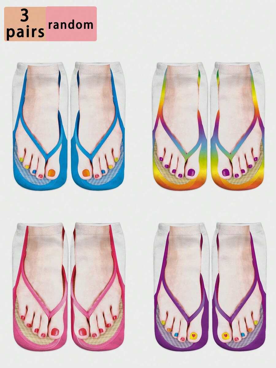 Random 1pair Funny Flip-Flops 3D Printing Unisex Popular Socks, Gifts, Daily - Multicolor - View 1