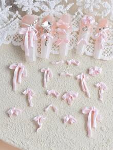 30Pcs Mixed Pink Satin Ribbon Bow Nail Charms Set, Assorted Multi-Size Soft Fabric 3D Bows, Elegant Balletcore Sweet Nail Art Decorations & Gems For DIY Manicure & Craft Decor - Pink - View 2