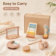 6PCS Wooden Musical Instrument Toy Set, Xylophone, Wind Chime & Rattle Toys With Gift Box, Interactive Sound Play Toy Gift - Beige - View 6