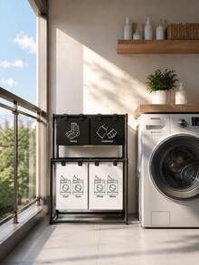 Modern Minimalist Metal Heavy Duty 4 Bag 2-Tier Laundry Basket,With Socks Underwear Sorting Labels, Large Dirty Clothes Storage Bin Organizer,For Dorm Room Essentials College,Laundry Room Accescories,Cruise Essential,Beach Laundry Room Accescories. - 黑與白 - 查看 1