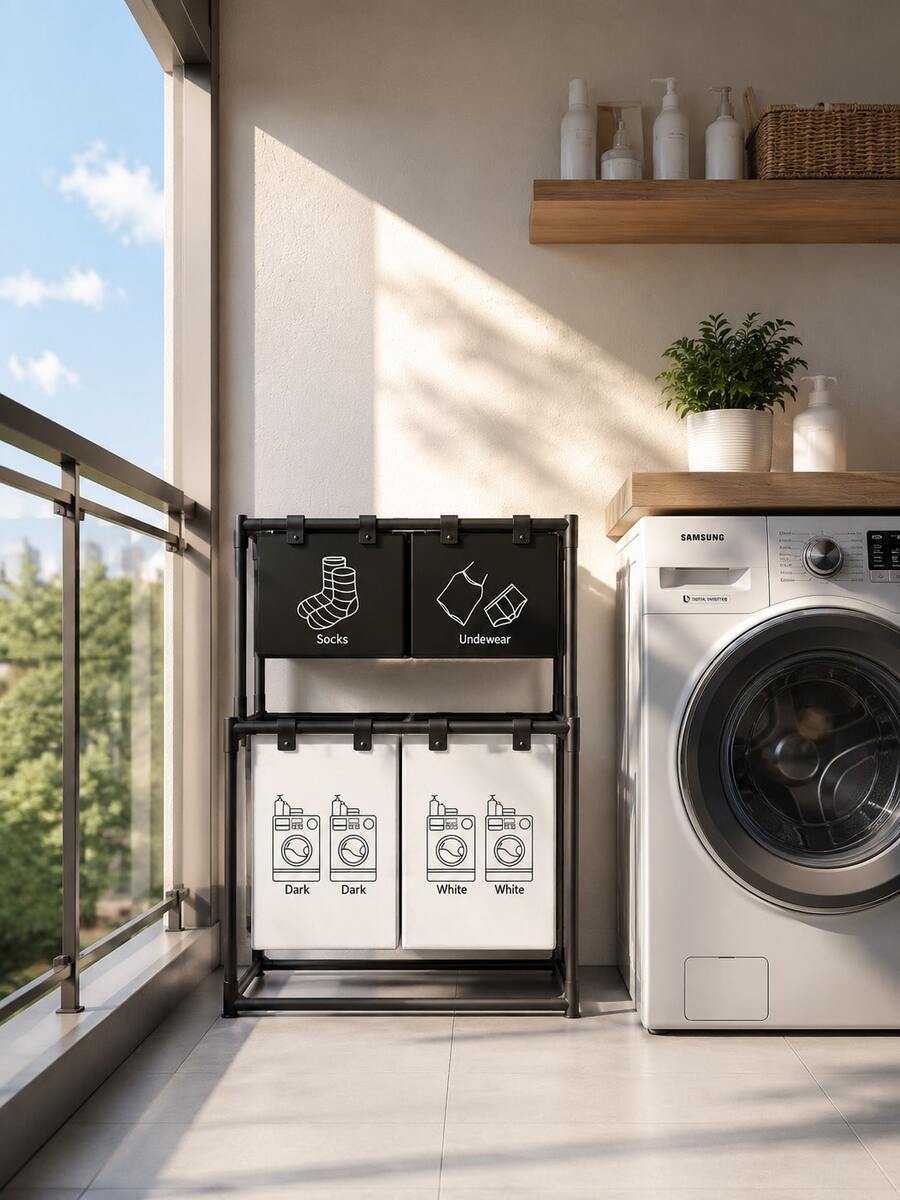 Modern Minimalist Metal Heavy Duty 4 Bag 2-Tier Laundry Basket,With Socks Underwear Sorting Labels, Large Dirty Clothes Storage Bin Organizer,For Dorm Room Essentials College,Laundry Room Accescories,Cruise Essential,Beach Laundry Room Accescories. - 黑與白 - 查看 1