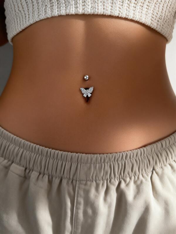 1pc Exquisite Butterfly Pierced Navel Ring With Inlaid Cubic Zirconia, Suitable For Women's Daily Wear, Dating, Party, Gathering