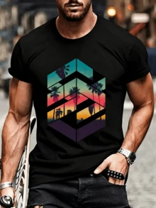 Camiseta casual de cuello redondo de manga corta con estampado geométrico de puesta de sol para hombre - Stil2 - Übersicht 1