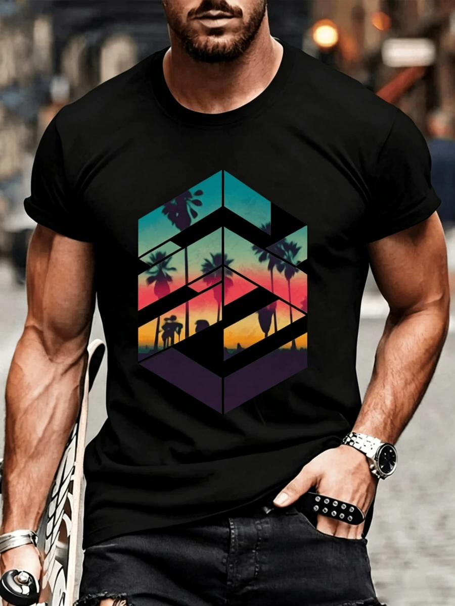 Camiseta casual de cuello redondo de manga corta con estampado geométrico de puesta de sol para hombre - Stil2 - Übersicht 1