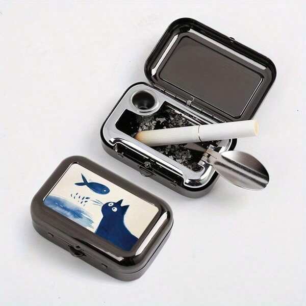 1pc Cute Cat Pattern/Metal Box Small Square Multifunctional/Fashionable Men's Style/Suitable For Thick And Thin Cigarettes/Suitable For Outdoor Use/Car Pocket Size