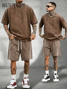 Men's 2PCS Vintage Wash Solid Color T-Shirt&Denim Shorts Set,Oversized Streetwear Casual Summer Co Ord Outfit,90s Retro Casual Loungewear,Mens Clothes - Coffee Brown - View 1
