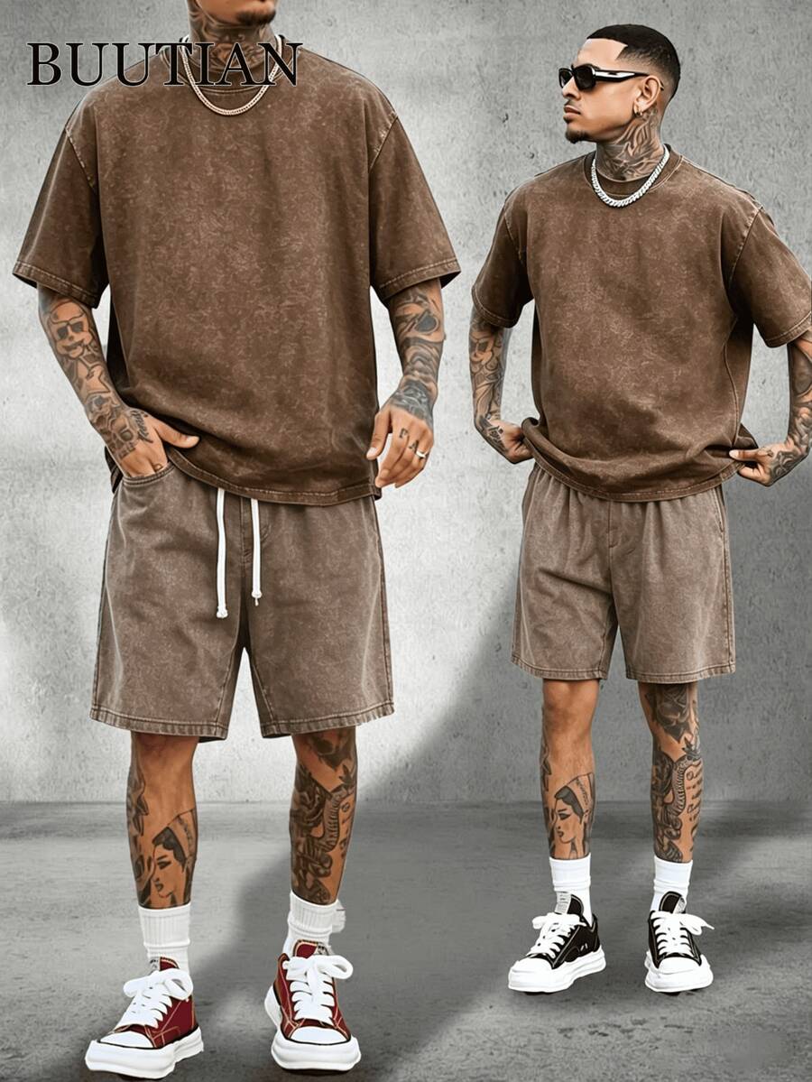 Men's 2PCS Vintage Wash Solid Color T-Shirt&Denim Shorts Set,Oversized Streetwear Casual Summer Co Ord Outfit,90s Retro Casual Loungewear,Mens Clothes - Coffee Brown - View 1