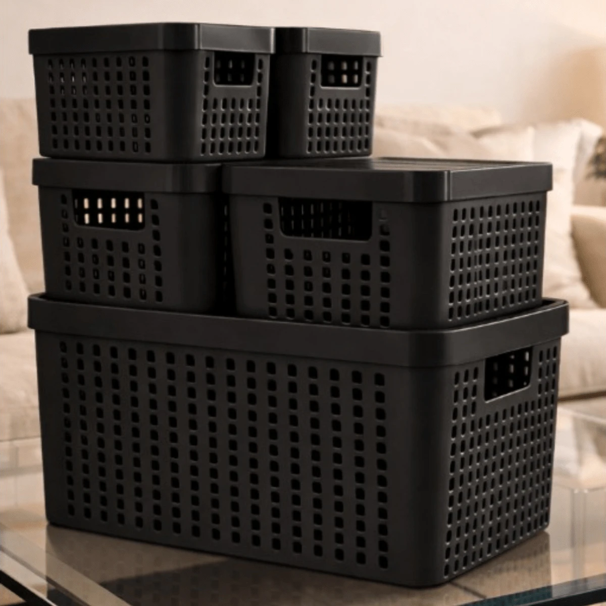 RVS E-COMMERCE Set Of 5 Organizer Boxes With Lid Large Basket In Resistant Plastic 2 L 4.5 L 17 L - Black - View 1