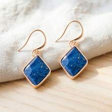 NeeFu WoFu 1pair Lapis Lazuli Gemstone Drop Earrings Women, Natural Stone Diamond Shape Dangle Jewelry, Minimalist Daily Wear Fashion Accessory, Ideal Gift Her - Stone - View 1