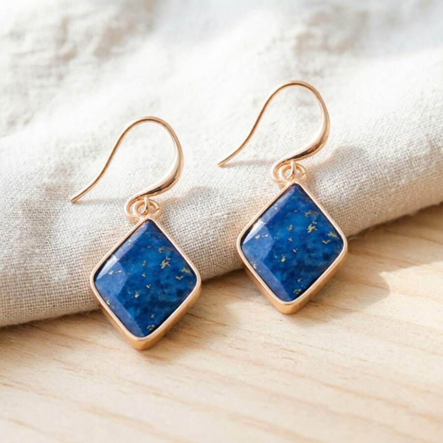 NeeFu WoFu 1pair Lapis Lazuli Gemstone Drop Earrings Women, Natural Stone Diamond Shape Dangle Jewelry, Minimalist Daily Wear Fashion Accessory, Ideal Gift Her - Stone - View 1