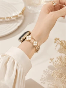 New Colorful Floral Bracelet Watch Band Compatible With Apple Watch 10/8/9/7/6/5/4/3/2/1 Series, Also Suitable For Apple Watch Ultra 40mm 44 41 45 49 42 38mm, Women's Fashion Bracelet Accessory. Not Too Heavy When Worn, Perfectly Fits The Wrist - Golden White Leaves - View 4