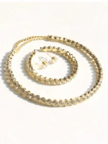 Classic Rhinestone Gold-Plated Jewelry Set, 3-Piece Necklace, Bracelet And Earrings Set, Large Rhinestone Claw Chain Necklace Set, Fashion Accessory - Gold - View 2
