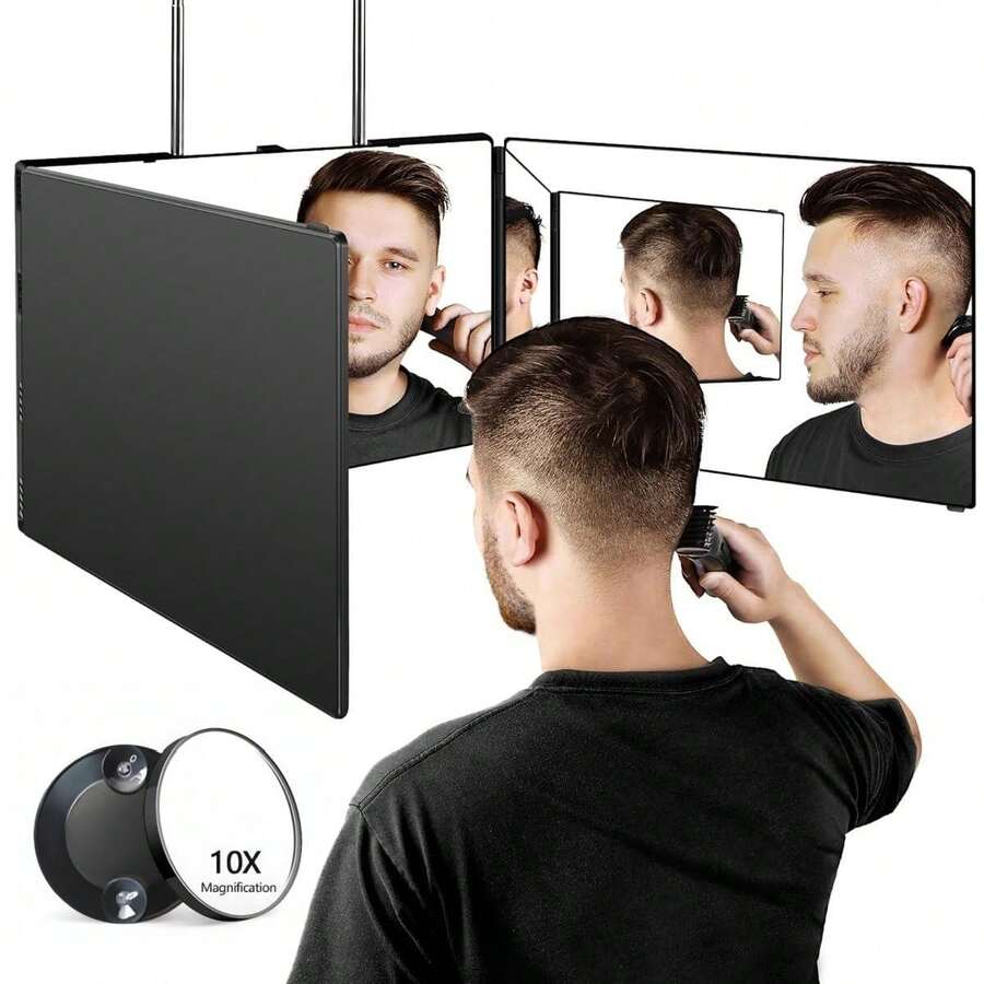 3 Way Mirror For Hair Cutting,360 Trifold Mirror With Height Adjustable Telescoping Hooks,And 5X Magnification,For Makeup, Hair Styling. - Black - View 1