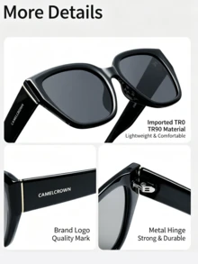 CAMEL CROWN Gafas de moda polarizadas para mujer para exteriores, gafas de moda plegables - Marco negro, hoja gris - Ver 3
