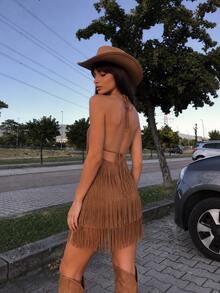 Women Short Dresses - Camel - View 2