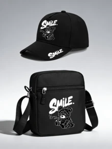 1pc/2pcs "Smile Bear" Letter Pattern Design Printed Unisex Curved Brim Baseball Cap And Crossbody Bag, Street Fashion Outdoor Sports Baseball Cap And Bag, Adjustable, Gift For Yourself Or Friends - Multicolor - View 12
