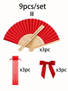 Conjunto de 3-60 leques dobráveis vermelhos, lembranças para festa de noiva de casamento, leques dobráveis de mão em bambu com sacos de presente em organza e laços de fita de cetim, presentes para damas de honra, decorações de casamento, presentes para convidados, acessórios para eventos de verão - vermelho - Ver 8