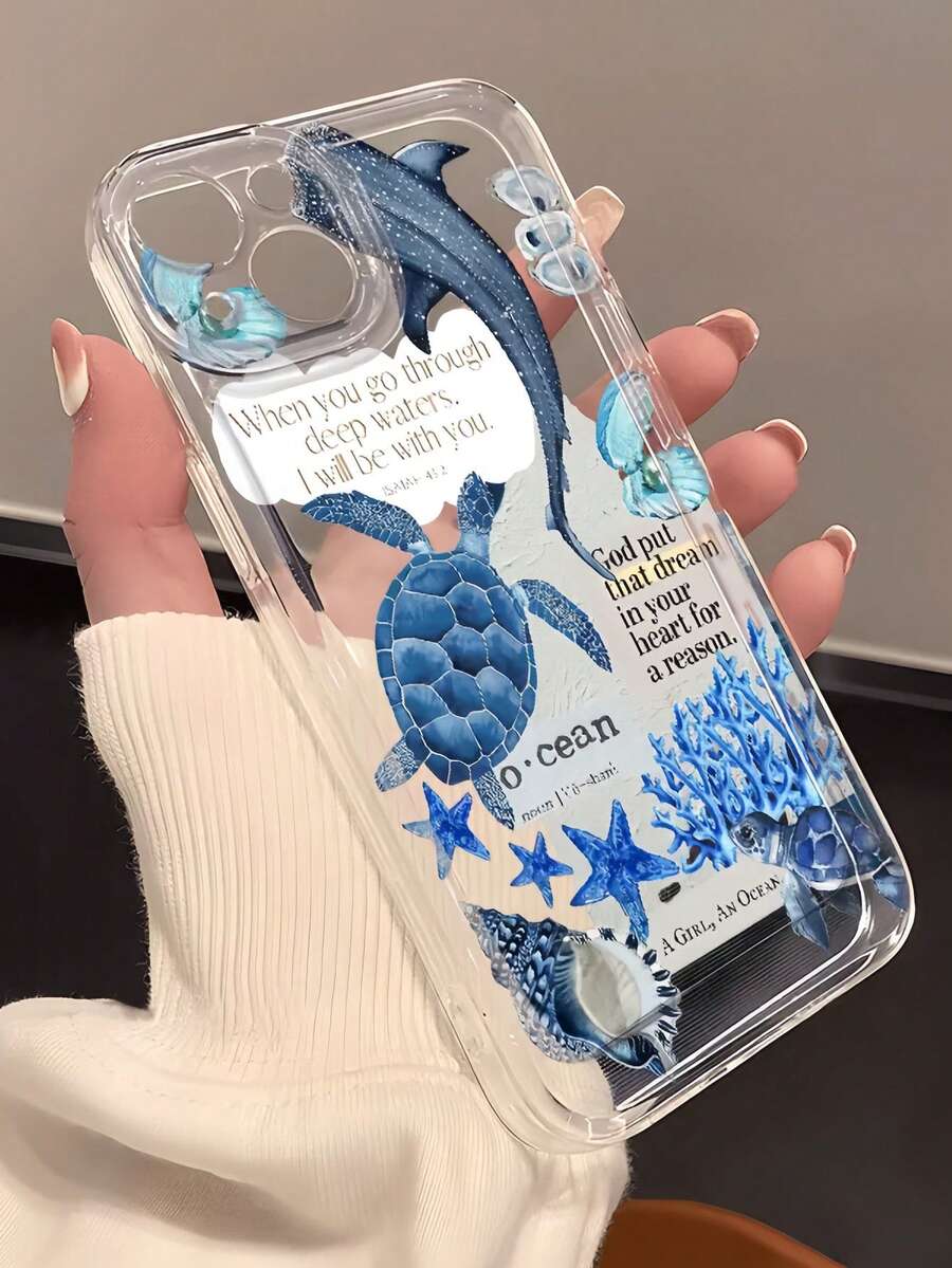 1pc Transparent Blue Turtle Whisper Personalized Minimalist Anti-Drop Soft TPU Fashion Phone Case Full Coverage Anti-Stain Protective Shell Compatible With Apple 17 16 15 14 13 12 11 Pro Max Air And Series - Multicolor - View 1
