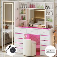 60.82" Full Length Mirror Makeup Vanity Desk With Smart LED Mirror & Charging Station, Transparent Top With 11 RGB Drawers, 10 Shelves, 3 Lighting Modes & Adjustable Brightness, Vanity Woman, White - White - View 11