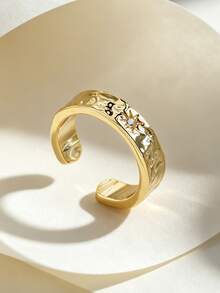 18K Gold Plated Hammered Star Zirconia Open Cuff Ring, Textured Asymmetric Band, Minimalist Stackable Jewelry For Women - Yellow Gold - View 1
