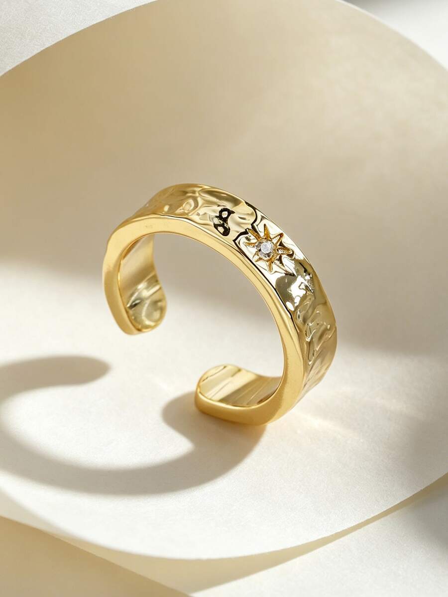 18K Gold Plated Hammered Star Zirconia Open Cuff Ring, Textured Asymmetric Band, Minimalist Stackable Jewelry For Women - Yellow Gold - View 1