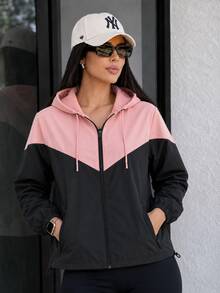 Women's Windbreaker Jacket Waterproof Lined Casual Fabric Zipper Evening Airport Clothes Travel Autumn Winter - 黑色和粉紅色 - 查看 1