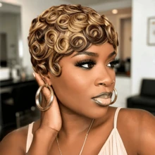 Natural Short Wave Pixie Cut Wig Human Hair, Brown Honey Blonde Highlight Human Wigs, Full Machine Made Human Hair For Daily - Multicolor - View 10