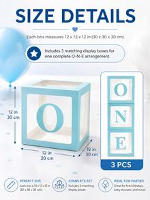 1套 1歲生日裝飾「ONE」氣球盒，透明立方體單字母氣球盒，適用於1歲生日派對裝飾，可用作嬰兒生日派對、嬰兒洗禮和蛋糕拍打攝影背景道具，慶祝裝飾（粉紅色、藍色、白色） - 彩色 - 查看 6