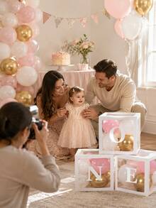 1套 1歲生日裝飾「ONE」氣球盒，透明立方體單字母氣球盒，適用於1歲生日派對裝飾，可用作嬰兒生日派對、嬰兒洗禮和蛋糕拍打攝影背景道具，慶祝裝飾（粉紅色、藍色、白色） - 彩色 - 查看 5