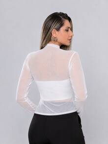 Women's Long-Sleeved Tulle Blouse With Elegant High Neck - Casual And Fashionable, Simple, Transparent, No Holidays, Nightwear, All Seasons - 白色 - 查看 2