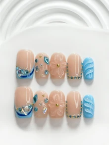 10片夏季微風手工穿戴式美甲，Polygel美甲套組，多色水鑽、星星與鑽石裝飾，藍色指甲油，獨特風格，含美甲工具，3種尺寸可選，方形、短方形、杏仁形，適合派對、舞蹈、日常配戴 - 彩色 - 查看 14