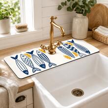 1pc Fish Pattern Anti-Slip Diatom Mud Faucet Drain Pad, Quick-Dry Absorbent Sink Splash Guard, Rubber Base, Suitable For Kitchen/Bathroom Faucet - Multicolor - View 2