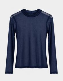 Women's Elegant And Modern Navy Blue Tulle Blouse With Long Sleeves And A Mock Collar - 藏蓝色 - 查看 3