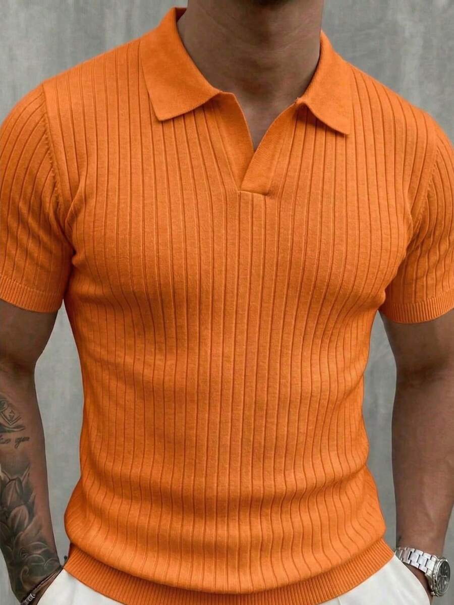 Suéter de punto de manga corta con cuello de unicolor para hombre