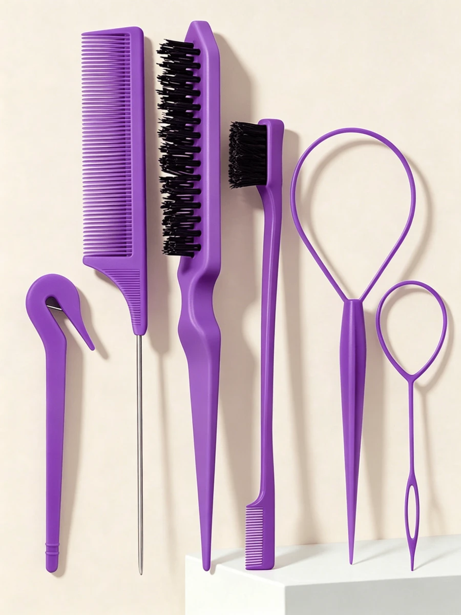 6pcs Pink Hair Styling Tool Set - Rat Tail Comb, Teasing Brush, 2pcs French Braid Tools, For Braiding & DIY Hairstyles, Salon, Beauty Travel Essentials, Back To School, Vacation Necessities, Women Hair Accessories Travel Essentials,Hairstyle