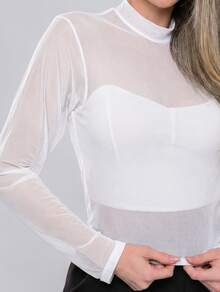 Women's Long-Sleeved Tulle Blouse With Elegant High Neck - Casual And Fashionable, Simple, Transparent, No Holidays, Nightwear, All Seasons - 白色 - 查看 3