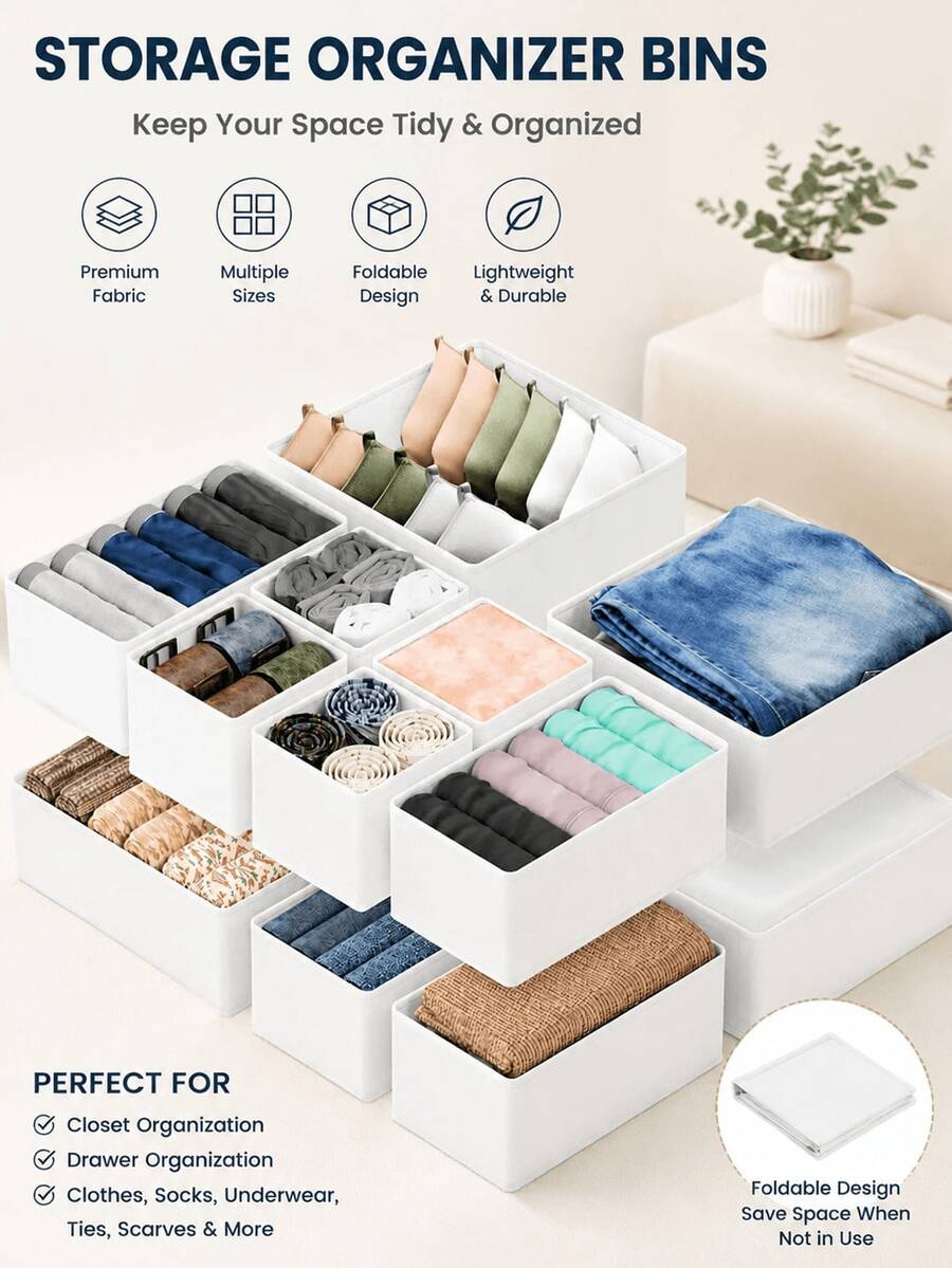 12/6/1pc Set, Minimalist Foldable Fabric Storage Box, Wardrobe Drawer Divider Organizer, Suitable For Underwear, Bras, Bedroom And Home Items Storage, Can Store Various Women's Clothing (Such As White T-Shirts, Black Pants, Winter Apparel, Dresses, Elegant Outfits, White Shirts, Long Sleeve Shirts, White Jumpsuits, Spring Skirts And Summer Tops)