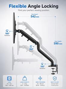 VESA 75/100mm 可調式螢幕支架臂，支援 180° 傾斜與 360° 旋轉，堅固鋼製，氣壓彈簧技術，附理線功能，單臂桌面夾式安裝，適用於居家辦公、辦公桌配件 - 彩色 - 查看 10