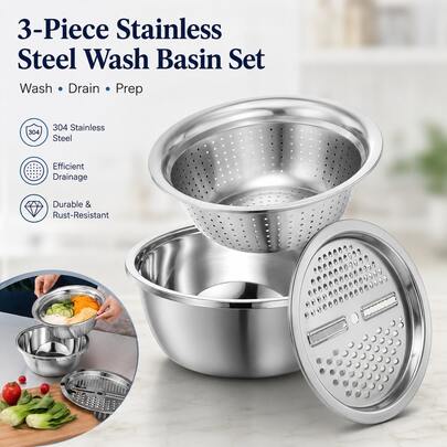 3PCS/Set Multifunctional Vegetable Slicer, Stainless Steel Blade, With Vegetable Washing Basin & Drain Basket, For Potato & Veggie Chopping