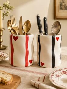 1pc Vintage Ins Style Heart Striped Wavy Resin Utensil Holder, Cute Farmhouse Kitchen Countertop Cutlery Organizer - Multicolor - View 2