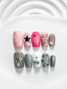 10pcs Sweet Style Handmade Press-On Nails, Polygel Nail Art Set, Star, Apple, Diamond Elements, Pink, Green, Silver, Black, White Nail Polish, Unique Style, Includes Nail Tools, 3 Sizes Available, Square, Short Square, Almond Shape, Suitable For Party, Dancing, Daily Wear - 彩色 - 查看 15