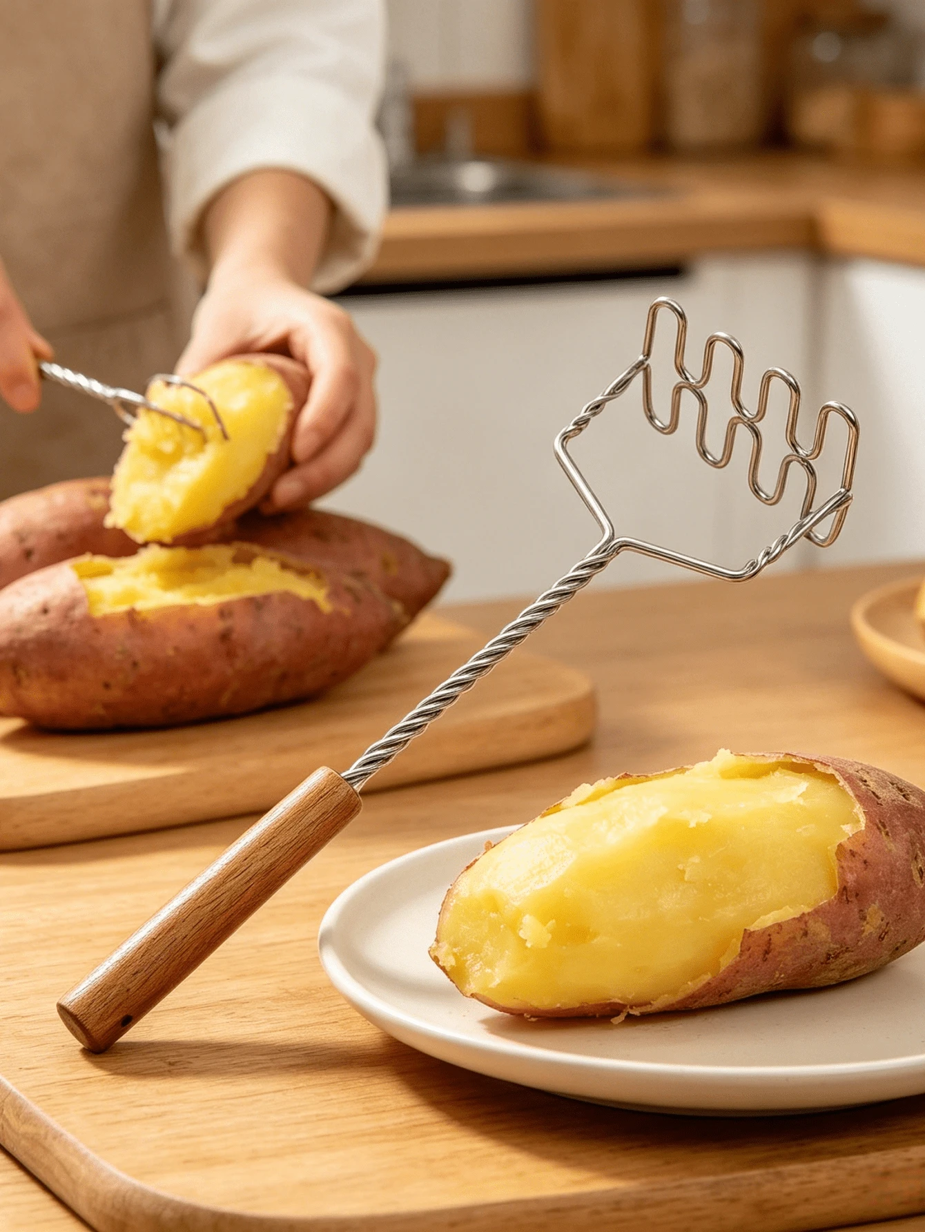 1 buah Penghancur Kentang Manual Gagang Kayu Panjang dari Baja Tahan Karat, Tahan Karat & Mudah Dibersihkan, Desain Pegangan Kayu Ergonomis Anti Selip yang Hemat Tenaga, Aksesori Peralatan Masak Ringan dan Tahan Lama untuk Persiapan Makanan Rumahan Sehari-hari - MultiWarna - View 1