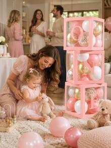 1套 1歲生日裝飾「ONE」氣球盒，透明立方體單字母氣球盒，適用於1歲生日派對裝飾，可用作嬰兒生日派對、嬰兒洗禮和蛋糕拍打攝影背景道具，慶祝裝飾（粉紅色、藍色、白色） - 彩色 - 查看 4
