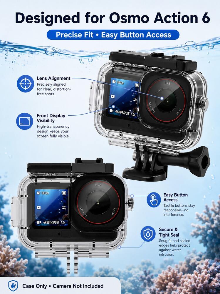 70M Waterproof Case For Osmo Action 6, Clear Diving Protective Housing, Anti-Fog Design, HD Lens, Mounting Base Included, Camera Not Included - View 9