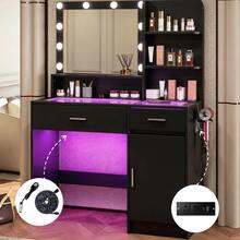 White Vanity Desk With Mirror And Lights, Vanitys With Glass Top & Power Outlet, Dressing Table With 36 Lighting Modes Brightness Adjustable RGB Drawers, For Women Girls Bedroom - Black - View 9